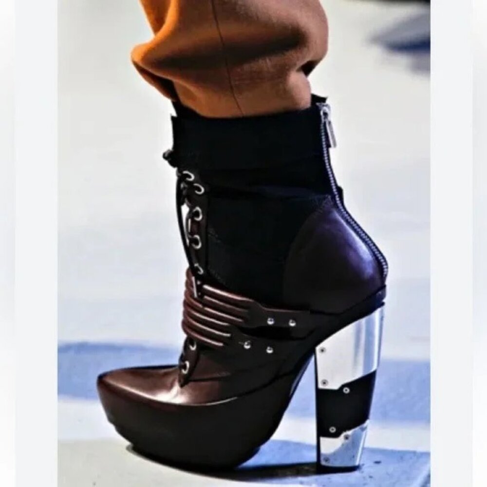 Rodarte Leather Silver Heeled Lace Up Ankle Boots